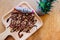 Chocolat bread slice shot on rustic wooden table