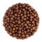 Chocolate balls corn flakes in white bowl isolated, top view. Cereals.