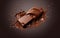 Chocolate bar and splashing melted chocolate cream. Generative Ai illustration