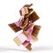 Chocolate bars in open gold foil and pink paper package 3d render. Flying swirl of whole and bitten sweet choco desserts