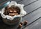 Chocolate biscotti with hazelnuts in vintage metal box