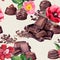 Chocolate block, chocolate candies, flowers - rose, orchid and others . Seamless food pattern. Watercolor