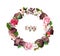 Chocolate - blocks, candies, flowers red, pink roses . Food and flowers wreath with hand written note Enjoy . Watercolor