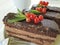 Chocolate brown cake, red currant, mint biscuit tasty lunch cutting baked dish pastry white wooden