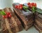 Chocolate brown cake, red currant, mint food tasty lunch cutting baked dish pastry white wooden