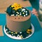 Chocolate brown cake with yellow toy decoration tractors party birthday cake close up still