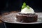 Chocolate brownie with a ball of melting vanilla ice cream, mint, powdered sugar