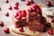 Chocolate brownie pieces decorated with cherry. Homemade american dessert on wooden table.