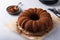 Chocolate bundt cake dusted with cocoa powder