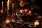 chocolate cake being brought to table, with candles and floral centerpiece for special occasion