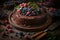 a chocolate cake with berries and raspberries on a wooden table next to bowls of blueberries and raspberries and a knife