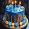 chocolate cake with blue icing, candies, burning candles on top for birthday party on dark background. Watercolor illustration.