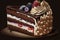 Chocolate cake with cream and berries on a dark background