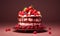 Chocolate cake decorated with fresh berries and cream on a red background