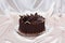 Chocolate cake decorated with shavings and cocoa mousse