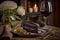 Chocolate cake with flowers and a glass of red wine on a wooden table