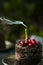 Chocolate cake with fresh cranberries and a green extinguished candle