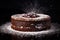 chocolate cake is generously dusted with powdered sugar, making it an irresistible treat for any chocolate lover, A glossy