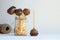 Chocolate cake pops with coconut flakes on a light background. Mini cakes on a wooden stick. A popular sweet dessert