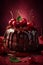 Chocolate cake with red cherries and hot fudge. Sweet pastry dessert with brown icing. Dark food photo, rustic style. Image is AI