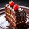 chocolate cake with rich, fudgy frosting and perfectly layered cake, with fresh berries and drizzled with melted chocolate