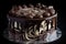 chocolate cake with rich ganache filling, surrounded by swirls of dark and white chocolate