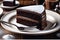 Chocolate cake slice hyper-realistic photo glistening fudge icing visible texture of the sponge