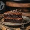 Chocolate cake slice, rich melting layers, side angle, warm kitchen setting