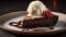 Chocolate Cake with Vanilla Ice Cream and Whipped Cream. Blurred Background