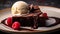 Chocolate Cake with Vanilla Ice Cream and Whipped Cream. Blurred Background