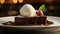 Chocolate Cake with Vanilla Ice Cream and Whipped Cream. Blurred Background