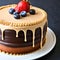 Chocolate cake on a white plate with ganache, cream and fruit