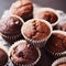 Chocolate cakes, muffins or cupcakes, baked in a bakery holiday sweet food recipe idea, generative ai