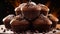 Chocolate cakes, muffins or cupcakes, baked in a bakery holiday sweet food recipe idea, generative ai