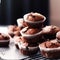 Chocolate cakes, muffins or cupcakes, baked in a bakery holiday sweet food recipe idea, generative ai