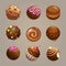 Chocolate candy balls set. Round glazed sweet assets for game design.