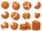 Chocolate chip cookie. Broken and bitten dessert with crumbs around. Pile of cookies vector set