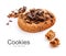 Chocolate chip cookie with chocolate pieces and shavings, isolated on white background. Cookies with crumbs top view