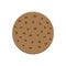 Chocolate chip cookie. Tasty traditional homemade biscuit with choco crumbs. Cartoon brown pastry with chocolate crisps. Flat