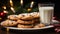 Chocolate Chip Cookies and Milk on a Small Plate Waiting for Santa Claus Amidst the Decorations on Christmas Eve. Generative AI