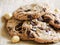 Chocolate chip cookies shot on colored cloth, closeup.