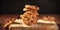 Chocolate chip cookies stack, a panorama on a rustic wooden background