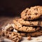 Chocolate chip cookies on wooden background. Stacked chocolate c