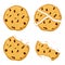 Chocolate chips cookies isolated on white background. Bitten, broken, cookie crumbs. Sweet food cookies icon. Biscuit