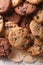 Chocolate chips cookies macro on the table. Vertical top view