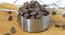 Chocolate chips overflowing a stainless steel measuring cup slow motion