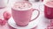 chocolate, Christmas coffee in a mug, cocoa with marshmallows, Christmas decorations, pink shades, trendy color