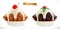 Chocolate christmas cupcake, fairy cake with cherry. 3d vector icon