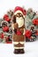 chocolate christmas figure, sweet chocolate santa claus on christmas Wreath background. focus on foreground