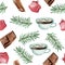Chocolate, cocoa, christmas watercolor seamless pattern